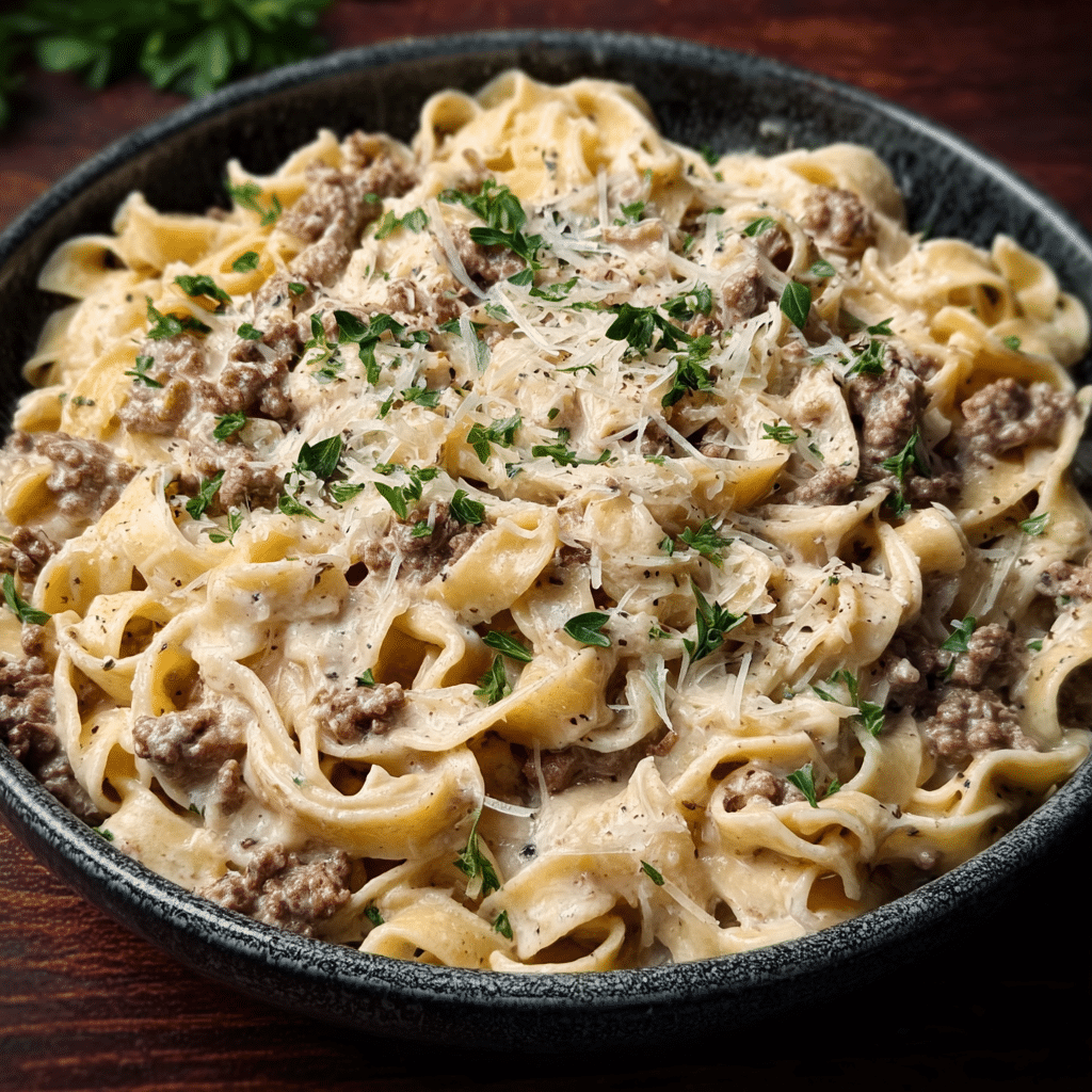 Creamy Ground Beef Alfredo Pasta