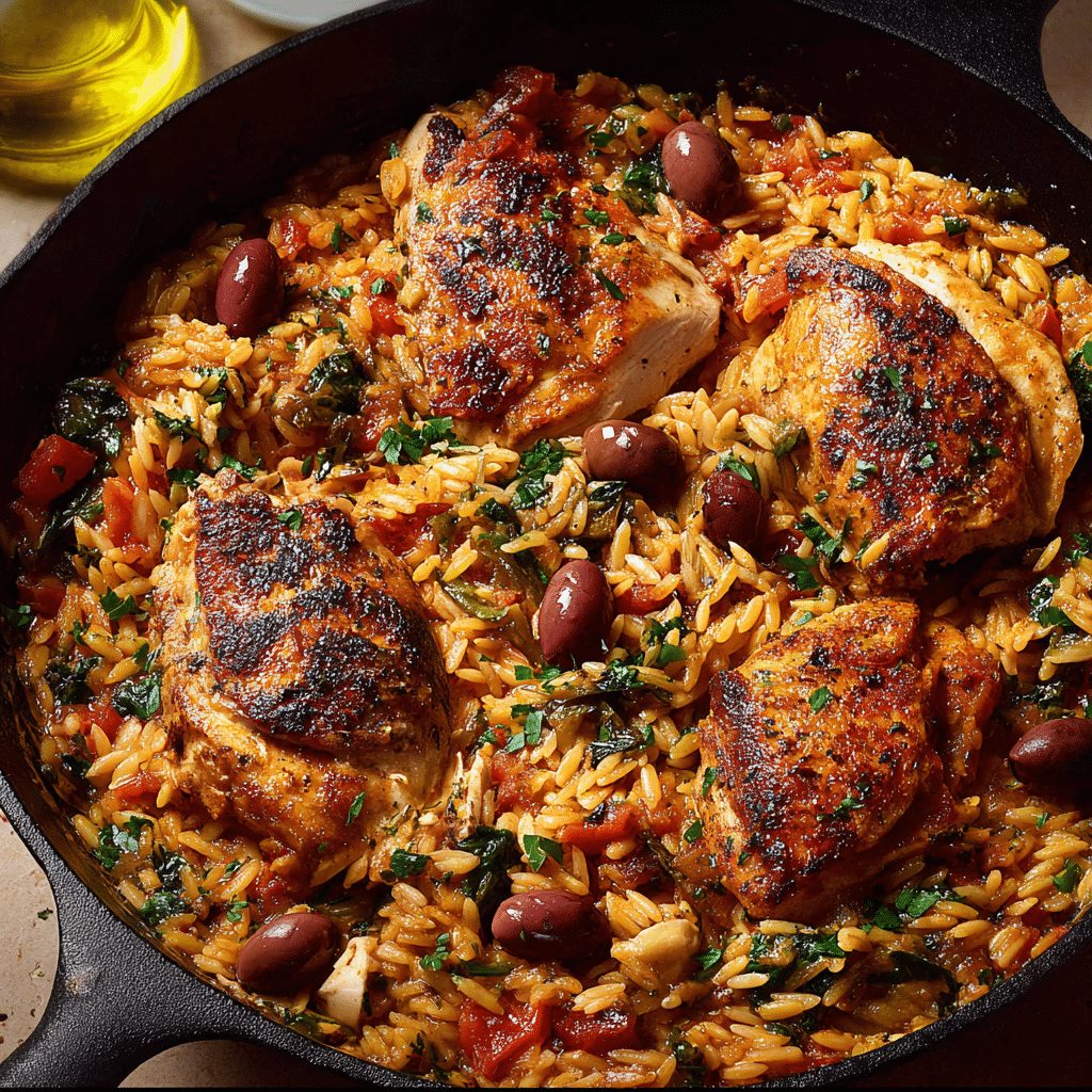Mediterranean Chicken and Orzo Skillet
