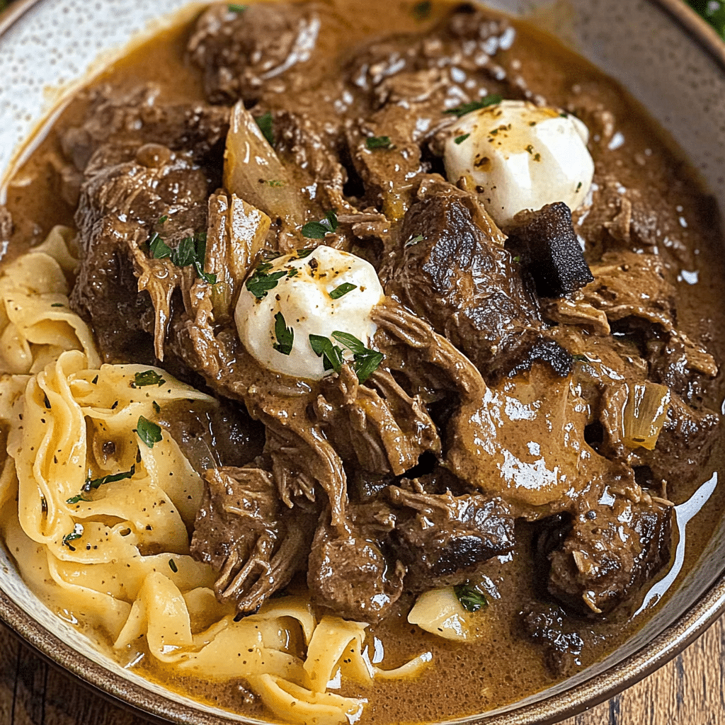 Slow Cooker Pot Roast Beef Stroganoff