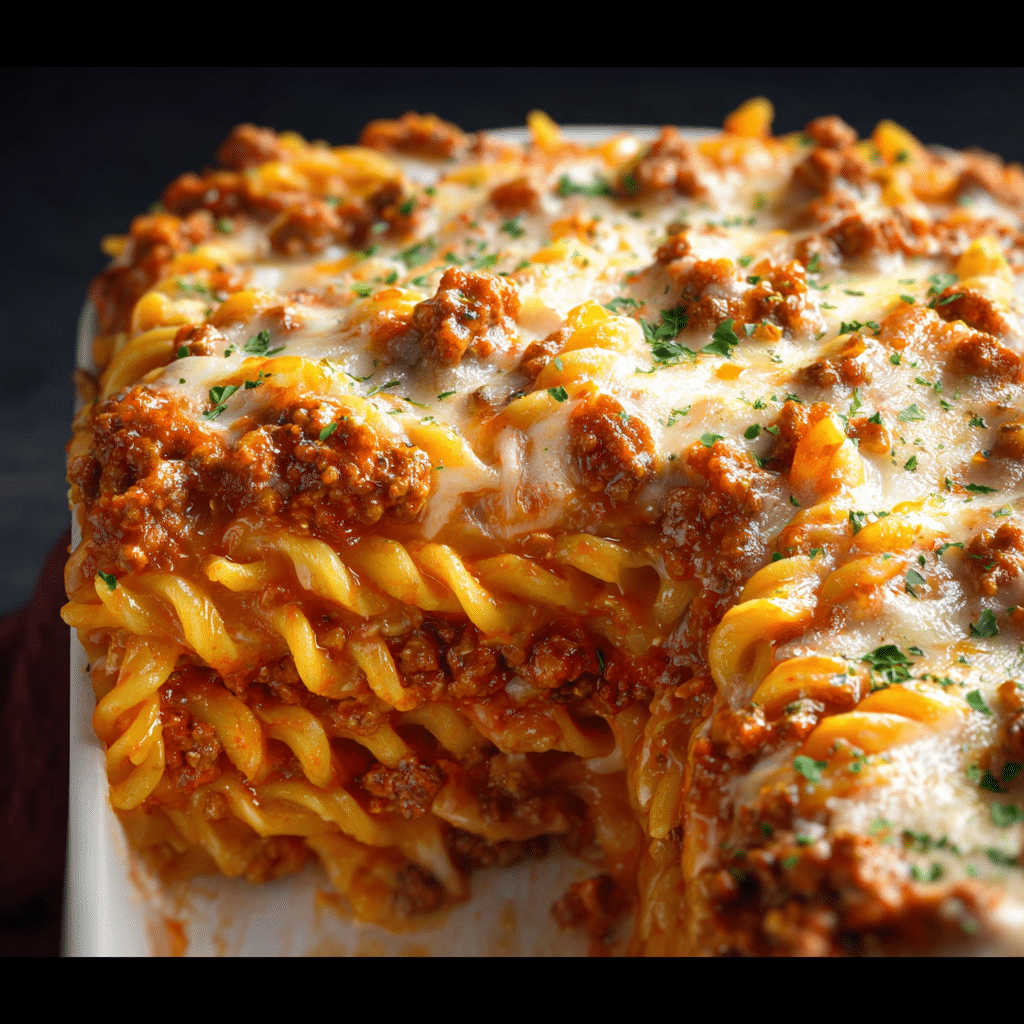 Cheesy Layered Ground Beef and Pasta Casserole