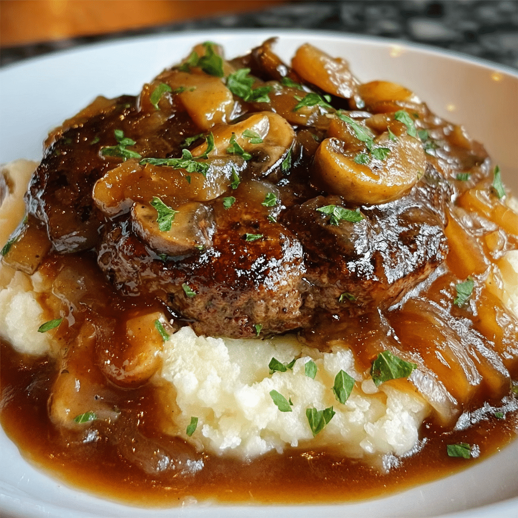 Salisbury Steak with Garlic Mashed Potatoes and Mushroom & Onion Gravy