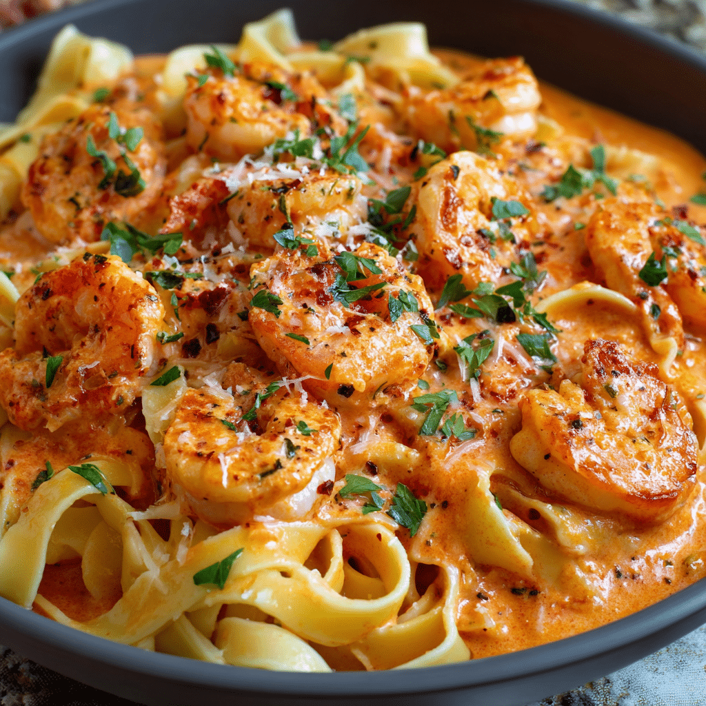 Shrimp Fettuccine with Creamy Roasted Red Pepper Sauce
