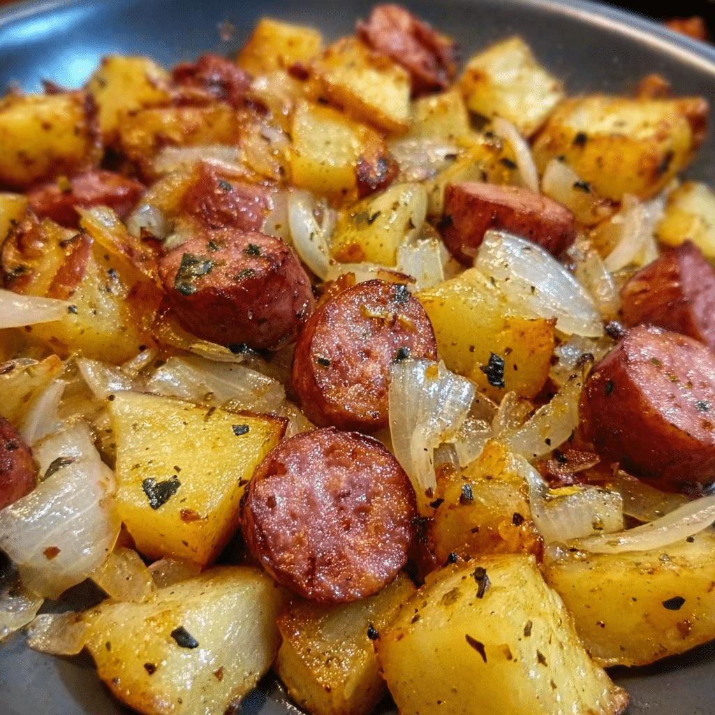 Fried Potatoes, Onions, and Smoked Polish Sausage