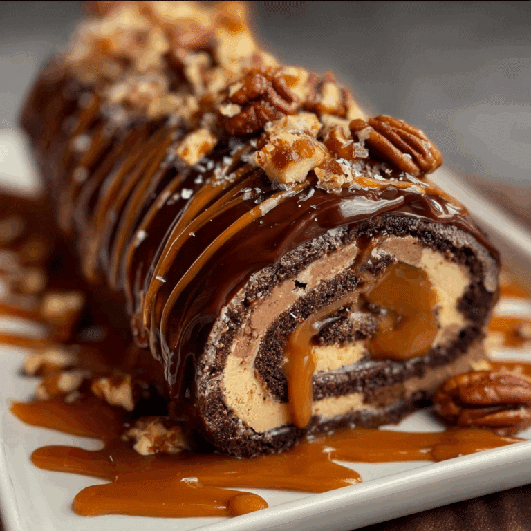 Gooey Chocolate Caramel Turtle Cake Roll